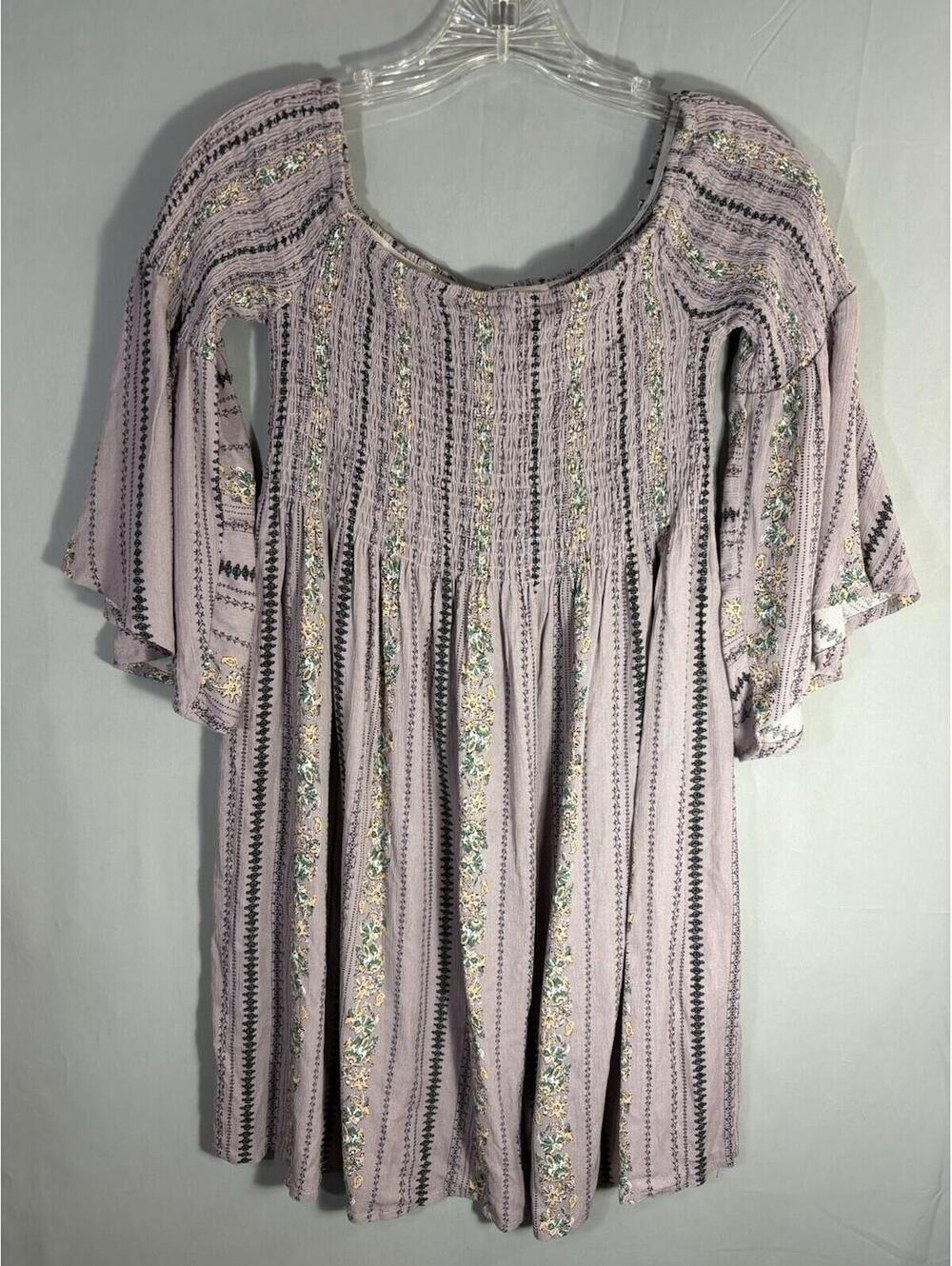 Hyped Unicorn sz S Boho Peasant Top/Mini Dress Floral Stripe Smocked Bell Sleeve